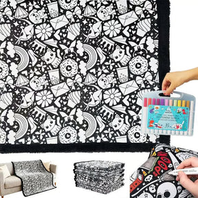 DoodleBlanket – 50×60 DIY Coloring Fleece Throw with 24 Marker Pens