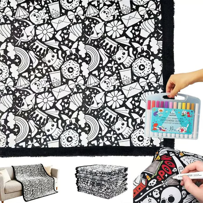 DoodleBlanket – 50×60 DIY Coloring Fleece Throw with 24 Marker Pens