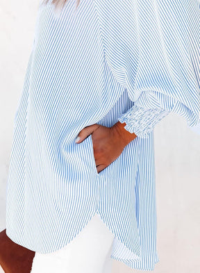 🔥2026 Clearance Item🔥Women's pleated cuffs striped shirt with pockets and casual collar