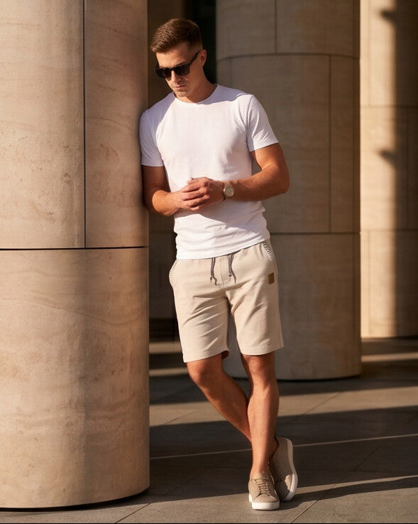 Coastal — Men's Drawstring Shorts with Leather Patch