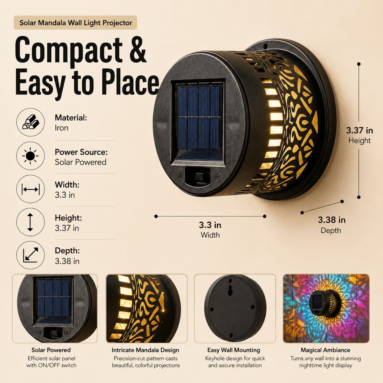MandalaGlow - Solar Mandala Wall Light Outdoor Fence Projector Lamp