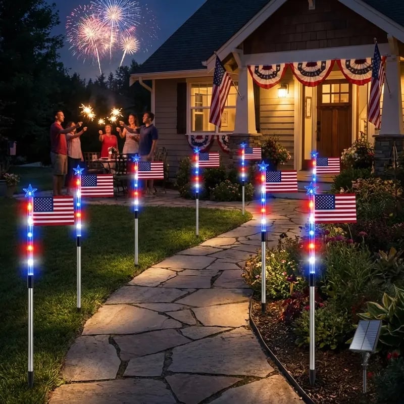 8 Solar American Flag Pathway Lights – Red, White & Blue Yard Glow