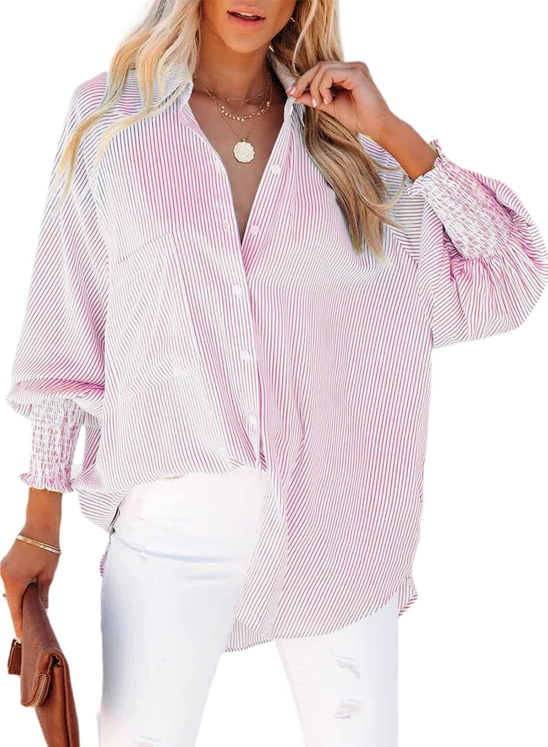 🔥2026 Clearance Item🔥Women's pleated cuffs striped shirt with pockets and casual collar