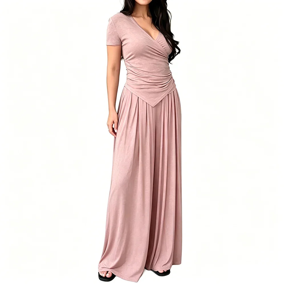 MaisonLuxe – Sophisticated Wrap Top & Wide Leg Pants Set