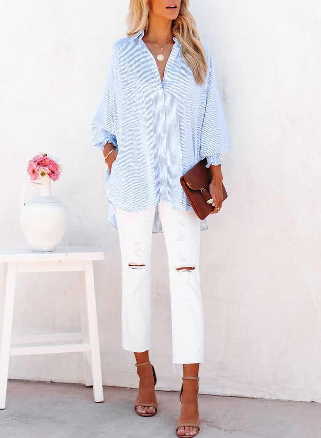 🔥2026 Clearance Item🔥Women's pleated cuffs striped shirt with pockets and casual collar