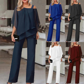 Elaré – Layered Chiffon Top & Wide-Leg Pants Set