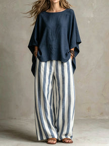 LinenLuxe – Women’s Striped Linen Set with Wide-Leg Trousers
