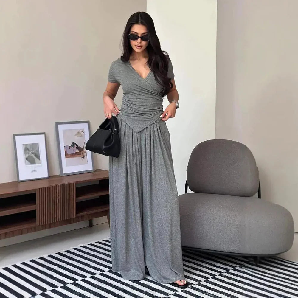 MaisonLuxe – Sophisticated Wrap Top & Wide Leg Pants Set