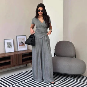 MaisonLuxe – Sophisticated Wrap Top & Wide Leg Pants Set