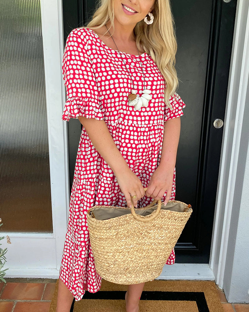 EveCharm – Polka Dot Round Neck Midi Dress