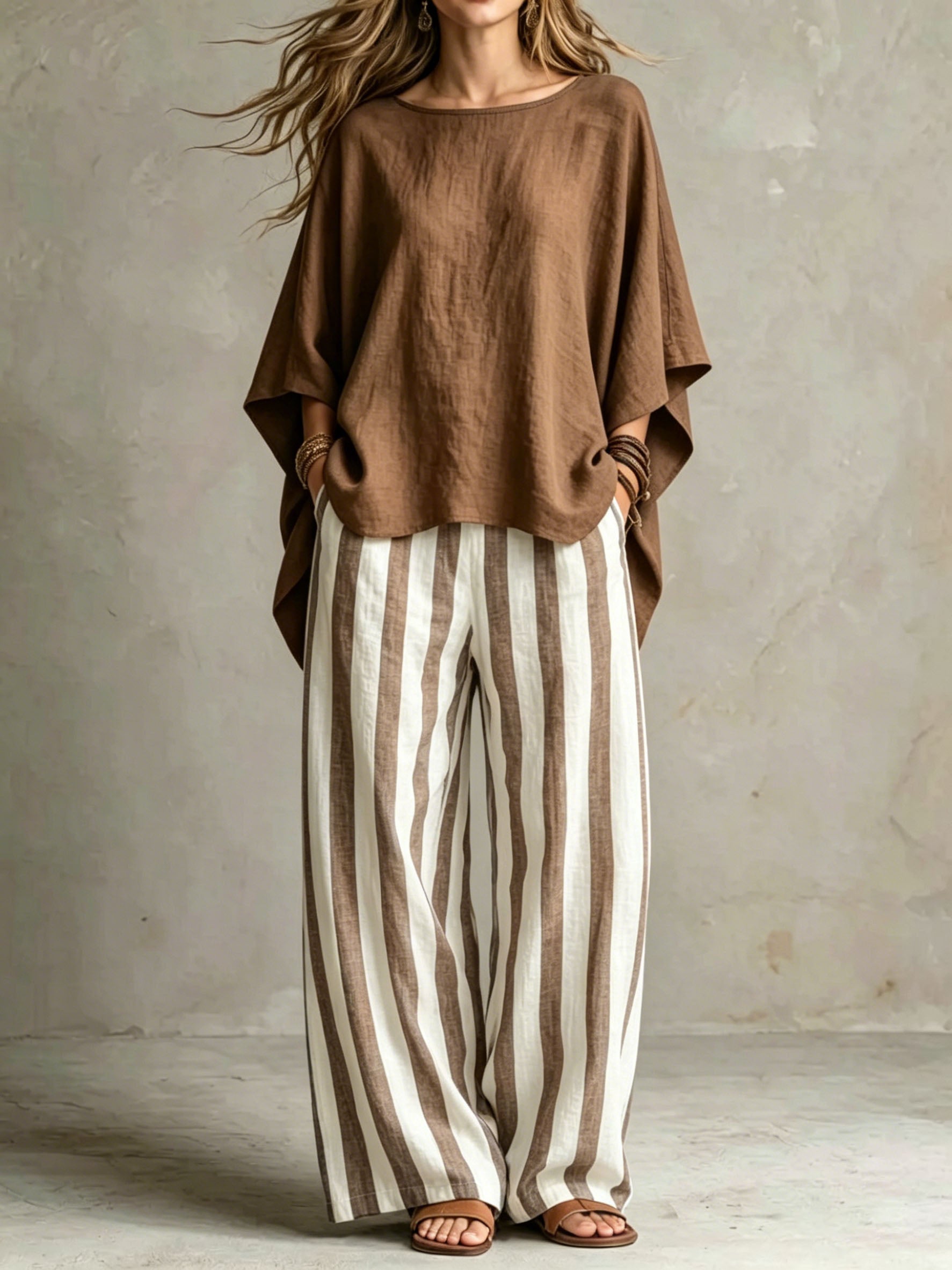 LinenLuxe – Women’s Striped Linen Set with Wide-Leg Trousers