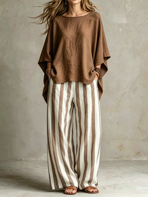 LinenLuxe – Women’s Striped Linen Set with Wide-Leg Trousers