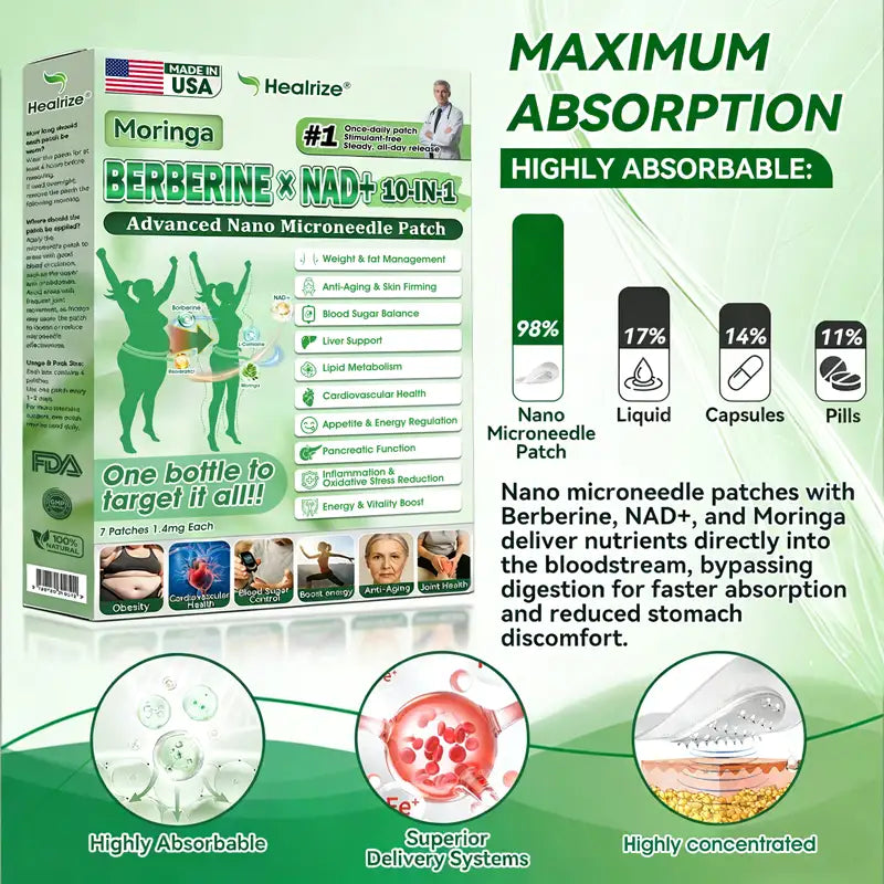 𝐎𝐟𝐟𝐢𝐜𝐢𝐚𝐥 𝐔𝐒 𝐒𝐭𝐨𝐫𝐞 | 🧑‍⚕️🩺 𝐇𝐞𝐚𝐥𝐫𝐢𝐳𝐞® Moringa · Berberine × NAD+ 𝟏𝟎-𝐢𝐧-𝟏 𝐀𝐝𝐯𝐚𝐧𝐜𝐞𝐝 𝐍𝐚𝐧𝐨 𝐌𝐢𝐜𝐫𝐨𝐧𝐞𝐞𝐝𝐥𝐞 𝐏𝐚𝐭𝐜𝐡 — 𝐎𝐧𝐜𝐞 𝐃𝐚𝐢𝐥𝐲, 𝐕𝐢𝐬𝐢𝐛𝐥𝐞 𝐑𝐞𝐬𝐮𝐥𝐭𝐬 𝐢𝐧 𝟕 𝐃𝐚𝐲𝐬
