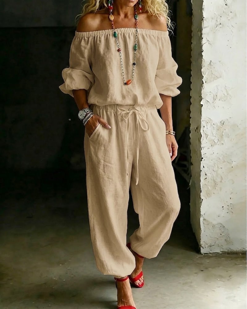 LuxeSilhouette – Off-Shoulder Tie Waist Jumpsuit