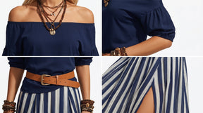 StripeLuxe – Striped Maxi Skirt Set with Belt