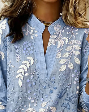 FloraMuse – Elegant Stand-Collar Floral Blouse