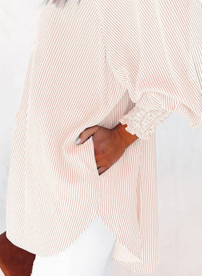 🔥2026 Clearance Item🔥Women's pleated cuffs striped shirt with pockets and casual collar