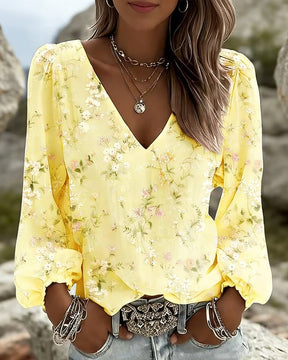 LunaPuff Chic – V-Neck Casual Blouse