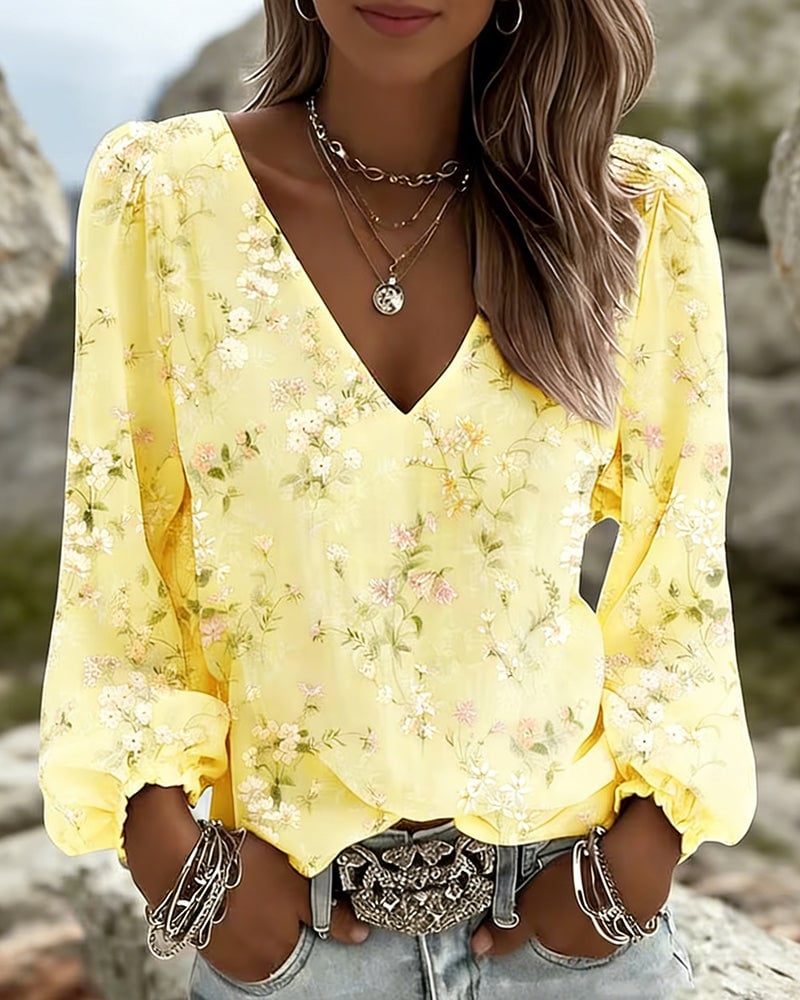LunaPuff Chic – V-Neck Casual Blouse