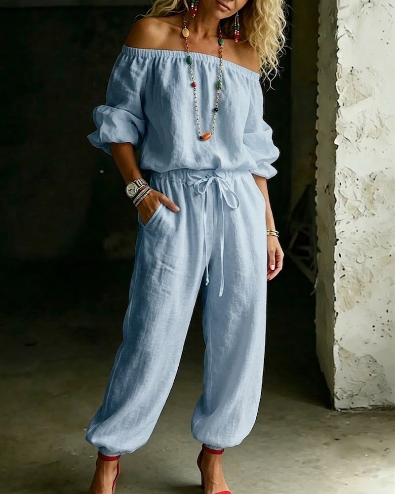 LuxeSilhouette – Off-Shoulder Tie Waist Jumpsuit