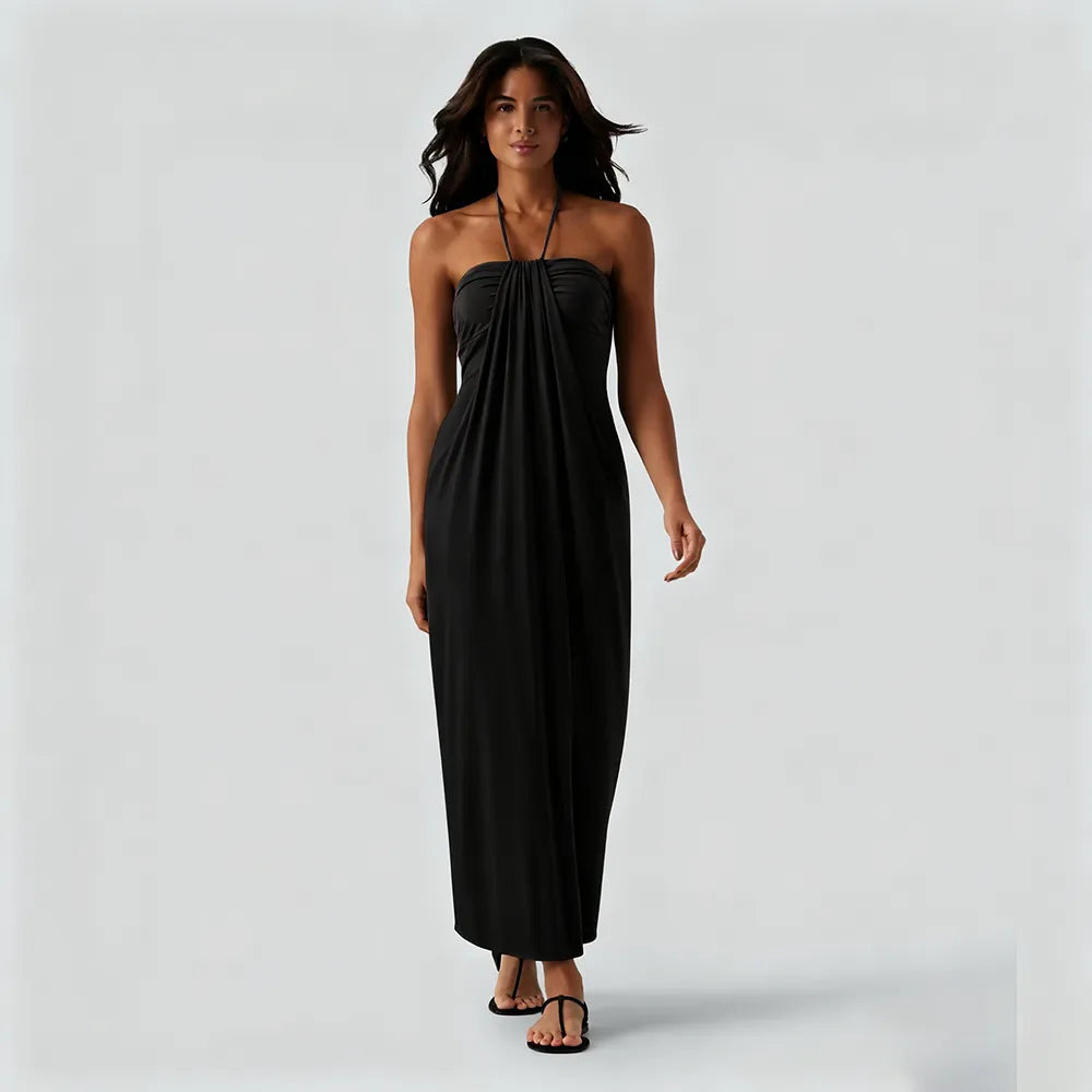 HalterTie – Elegant Back Maxi Dress with Pockets