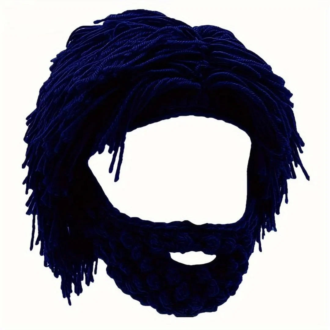 Acrylic Punk Style Beanie with Attached Straight Hair Wig and Knitted Beard