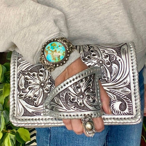 LuxeBlossom – Silver Flower Dance Western Style Clutch