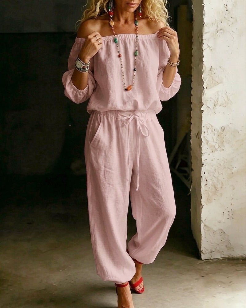 LuxeSilhouette – Off-Shoulder Tie Waist Jumpsuit