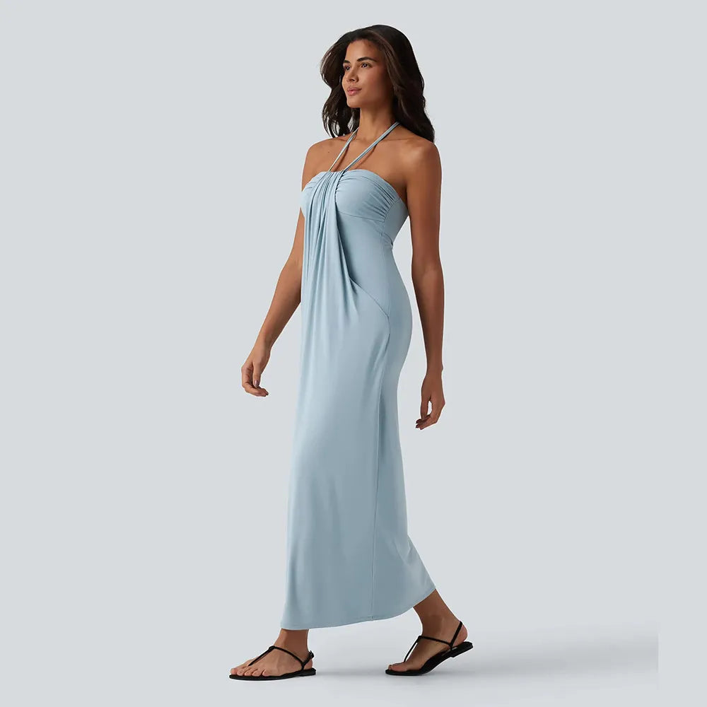 HalterTie – Elegant Back Maxi Dress with Pockets