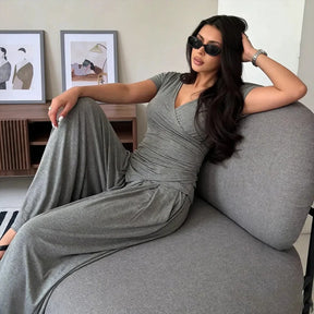 MaisonLuxe – Sophisticated Wrap Top & Wide Leg Pants Set