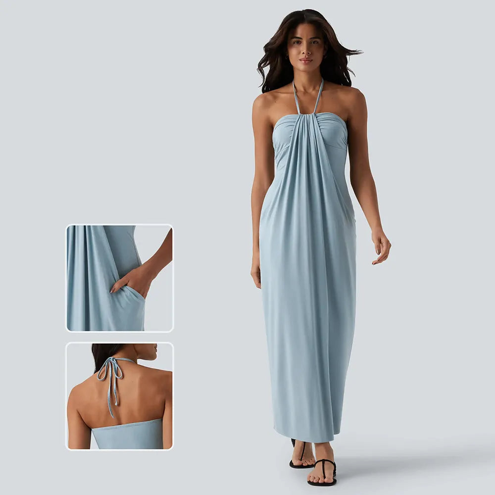 HalterTie – Elegant Back Maxi Dress with Pockets