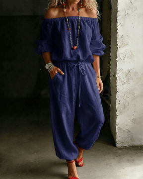 LuxeSilhouette – Off-Shoulder Tie Waist Jumpsuit