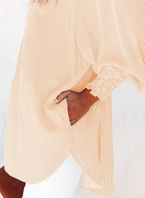 🔥2026 Clearance Item🔥Women's pleated cuffs striped shirt with pockets and casual collar