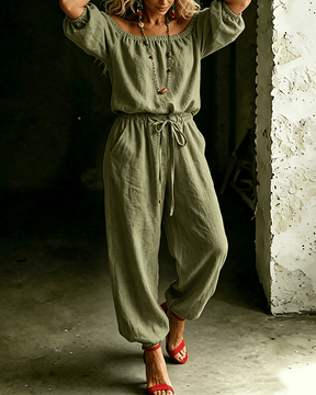 LuxeSilhouette – Off-Shoulder Tie Waist Jumpsuit