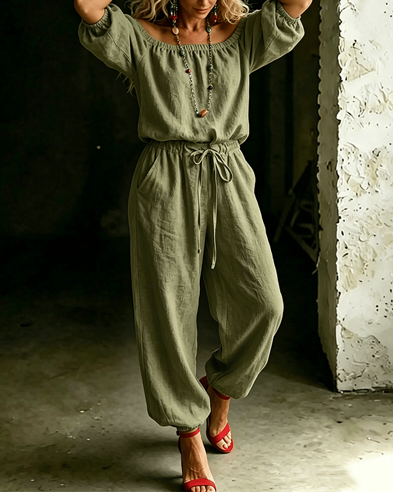 LuxeSilhouette – Off-Shoulder Tie Waist Jumpsuit