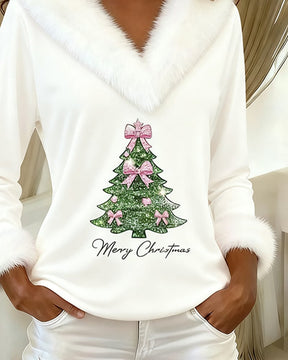 FrostLuxe – Large Fur Collar Christmas Print Top