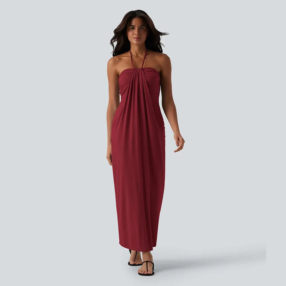 HalterTie – Elegant Back Maxi Dress with Pockets