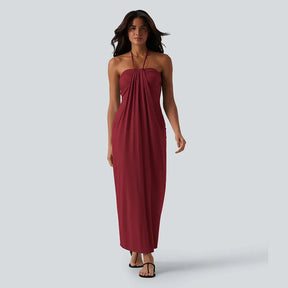 HalterTie – Elegant Back Maxi Dress with Pockets