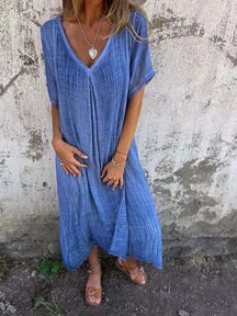 WearEase – Cotton and Linen V-neck Midi Dress