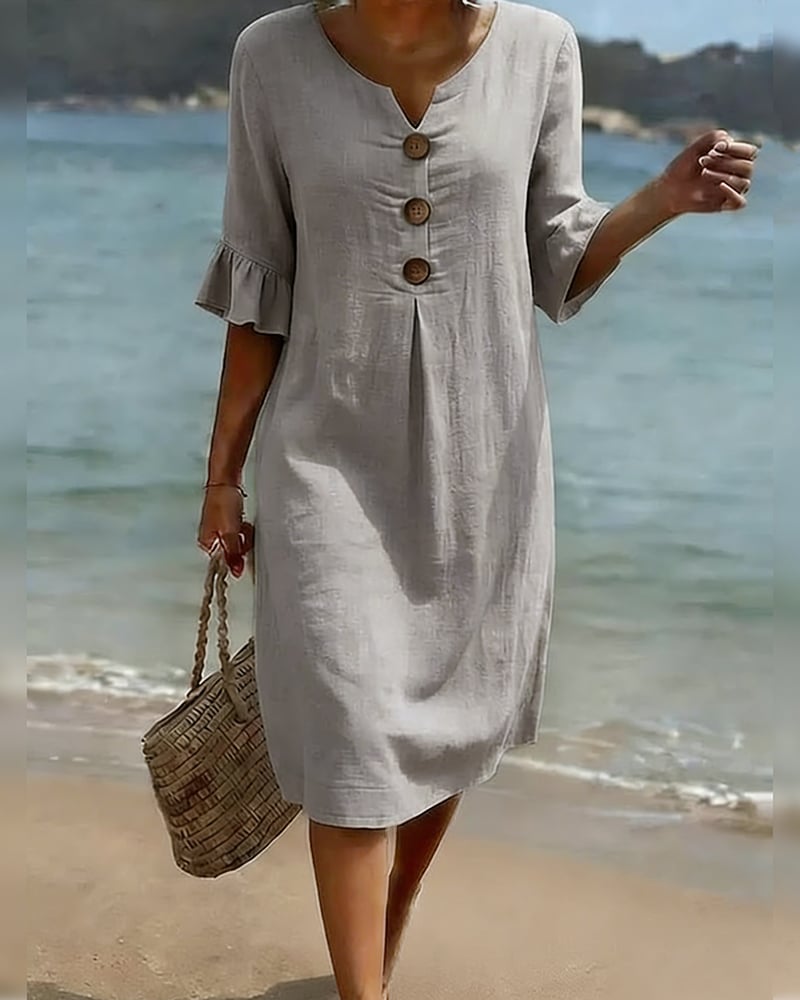 CottonCharm – Button Ruffle Sleeve Dress