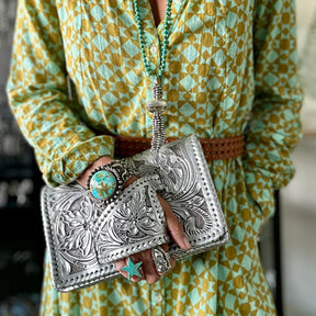 LuxeBlossom – Silver Flower Dance Western Style Clutch