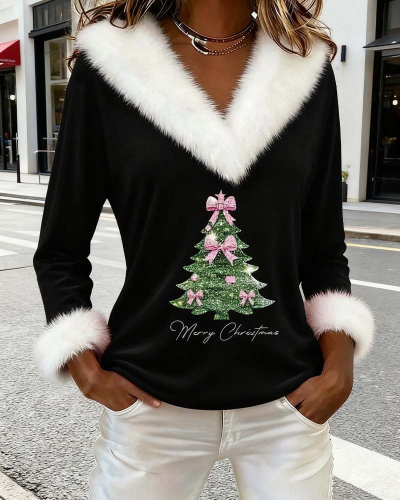 FrostLuxe – Large Fur Collar Christmas Print Top