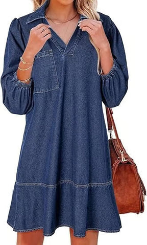 Deniva | Elegant V-Neck Denim Dress