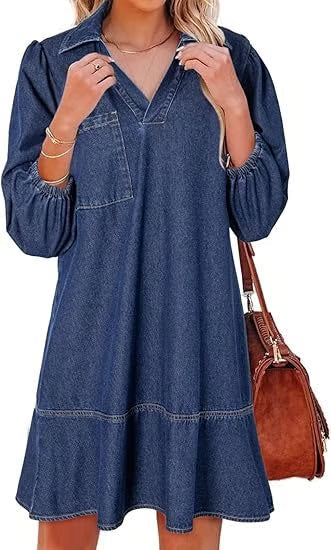 Deniva | Elegant V-Neck Denim Dress
