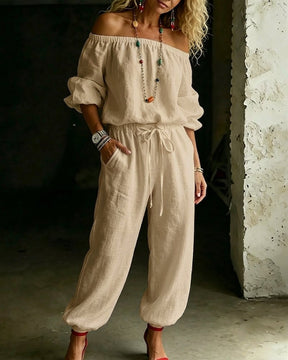 LuxeSilhouette – Off-Shoulder Tie Waist Jumpsuit