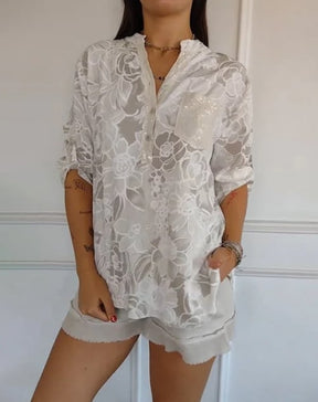 PrintLuxe – V-Neck Button-Down Printed Blouse