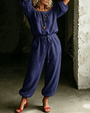 LuxeSilhouette – Off-Shoulder Tie Waist Jumpsuit
