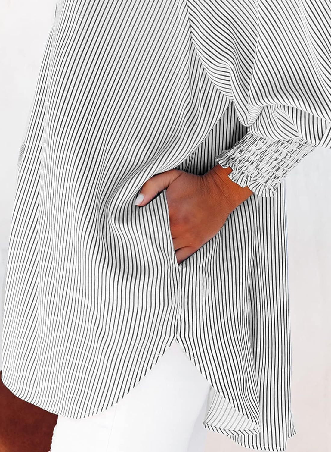 🔥2026 Clearance Item🔥Women's pleated cuffs striped shirt with pockets and casual collar