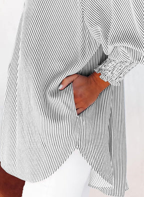 🔥2026 Clearance Item🔥Women's pleated cuffs striped shirt with pockets and casual collar