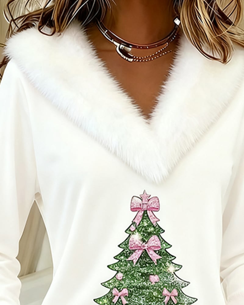 FrostLuxe – Large Fur Collar Christmas Print Top